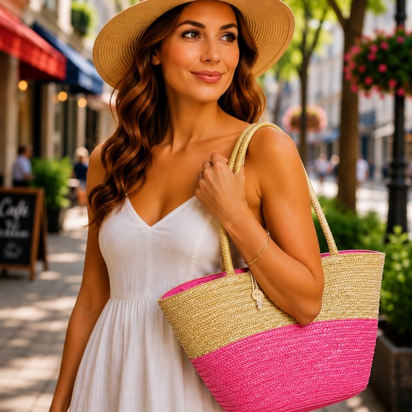 Straw Tote: Woven Wheat Straw Tote - 2 Tones - Pink - BG-R11053PK